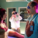 (L to R) Joanna Angel (guest star), Henry Winkler as Sy Middleman, and Rob Corddry as Blake Downs.  Photo by Darren Michaels.
