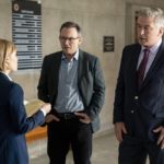 DR. DEATH -- Episode 106 -- Pictured: (l-r) AnnaSophia Robb as Michelle Shughart, Christian Slater as Randell Kirby, Alec Baldwin as Robert Henderson  -- (Photo by: Barbara Nitke/Peacock)
