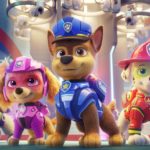 L-R: Zuma (voiced by Shayle Simons), Rocky (voiced by Callum Shoniker), Skye (voiced by Lilly Bartlam), Chase (voiced by Iain Armitage), Marshall (voiced by Kingsley Marshall), and Rubble (voiced by Keegan Hedley) in PAW PATROL: THE MOVIE from Paramount Pictures. Photo Credit: Courtesy of Spin Master.