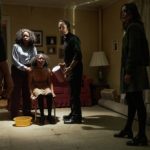 Archive 81. (L to R) Gameela Wright as Erica Lewis, Ariana Neal as Jess, Martin Sola as Father Russo, Dina Shihabi as Melody Pendras in episode 103 of Archive 81. Cr. Quantrell D. Colbert/Netflix © 2021
