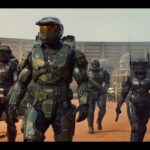 Pablo Schreiber as Master Chief, Kate Kennedy as Kai, Bentley Kalu as Vannak, and Natasha Culzac as Riz in Halo Season 1, streaming on Paramount+ 2022. Photo credit: Paramount+