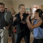 Murderville. (L to R) Will Arnett as Terry Seattle, Sharon Stone as Guest 102, Samantha Cutaran as Dr. Madison Chen in episode 102 of Murderville. Cr. Lara Solanki/Netflix © 2021
