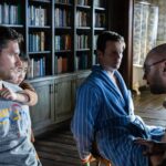(from left) Andrew (Ben Aldridge), Wen (Kristen Cui), Eric (Jonathan Groff) and Leonard (Dave Bautista) in Knock at the Cabin, directed by M. Night Shyamalan.