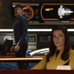 Ethan Peck as Spock and Rebecca Romijn as Una in the trailer of Star Trek: Strange New Worlds, streaming on Paramount+, 2023. Photo Cr: Michael Gibson/Paramount+