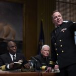 L-R Lance Reddick as Captain Luther Blakey, Dale Dye as Vice Admiral R.T. Dewey and Kiefer Sutherland as Lieutenant Commander Phillip Queeg in The Caine Mutiny Court-Martial, streaming on Paramount+ with SHOWTIME, 2023. Photo Credit: Marc Carlini/Paramount+ with SHOWTIME. © 2023 Order in the Friedkin Court, LLC