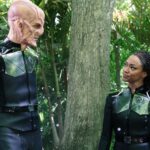 L-R  Doug Jones as Saru  and Sonequa Martin-Green as Burnham in Star Trek: Discovery, season 5, streaming on Paramount+, 2023. Photo Credit: Michael Gibson/Paramount+
