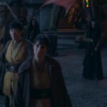 (Clockwise from center): Jedi Master Indara (Carrie-Anne Moss), Master Sol (Lee Jung-jae), Jedi Master Kelnacca (Joonas Suotamo) and (second from right) Master Torbin (Dean Charles Chapman) in Lucasfilm's THE ACOLYTE, exclusively on Disney+. ©2024 Lucasfilm Ltd. & TM. All Rights Reserved.