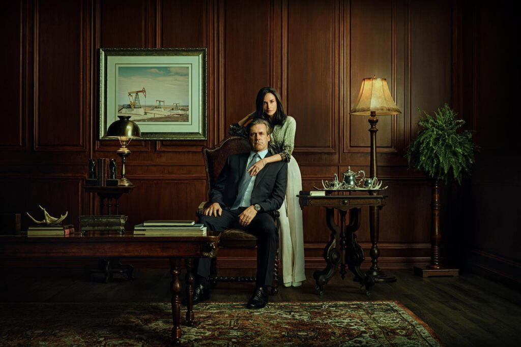 L-R: Jon Hamm as Monty Miller and Demi Moore as Cami Miller  in season 1 of Landman streaming on Paramount+ Photo Credit: James Minchin/Paramount+