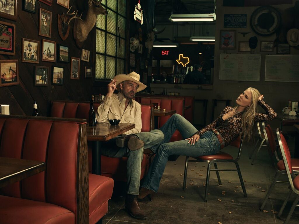 L-R: Billy Bob Thornton as Tommy Norris and Ali Larter as Angela Norris in Landman streaming on Paramount+ Photo Credit: James Minchin/Paramount+