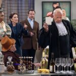 L-R:  Toks Olagundoye as Olivia, Nicholas Lyndhurst as Alan, Nike Doukas as Bowen, Paolo Andino as Grimsby, Kelsey Grammer as Frasier and Jess Salgueiro as Eve in Frasier, episode 9, season 2 streaming on Paramount+, 2024. Photo credit: Chris Haston/Paramount+