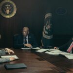 L-R Bruce McGill as NSA Chief Damian Hollar, Jennifer Ehle as Chief of Staff Mason, Morgan Freeman as Secretary of State Mullins, Michael Kelly as Bryon Westfield and Nicole Kidman as Kaitlyn Meade in Lioness, episode 1, season 2, streaming on Paramount+, 2024. Photo Credit: Ryan Green/Paramount+