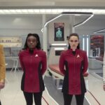 Anson Mount as Pike, Celia Rose Gooding as Uhura, Christina Chong as La’an and Jess Bush as Chapel in Star Trek: Strange New Worlds, streaming on Paramount+, 2024. Photo Credit: Marni Grossman/Paramount+