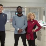 Ethan Peck as Spock, Babs Olusanmokun as M’Benga and Carol Kane as Pelia in Star Trek: Strange New Worlds, streaming on Paramount+, 2024. Photo Credit: Marni Grossman/Paramount+