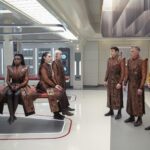 Babs Olusanmokun as M’Benga, Celia Rose Gooding as Uhura, Christina Chong as La’an, Jess Bush as Chapel, Ethan Peck as Spock, Anson Mount as Pike and Rebecca Romijn as Una in Star Trek: Strange New Worlds, streaming on Paramount+, 2024. Photo Credit: Marni Grossman/Paramount+
