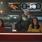 L-R: Rong Fu as Mitchell, Anson Mount as Pike, and Rebecca Romijn as Una in Star Trek: Strange New Worlds, episode 1, season 3, streaming on Paramount+, 2025. Photo Credit: Marni Grossman/Paramount+