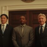 (L-R): Prime Minister Ozaki (Takehiro Hira), Captain America/Sam Wilson (Anthony Mackie), and President Thaddeus Ross (Harrison Ford) in Marvel Studios' CAPTAIN AMERICA: BRAVE NEW WORLD. Photo courtesy of Marvel Studios. © 2024 MARVEL.