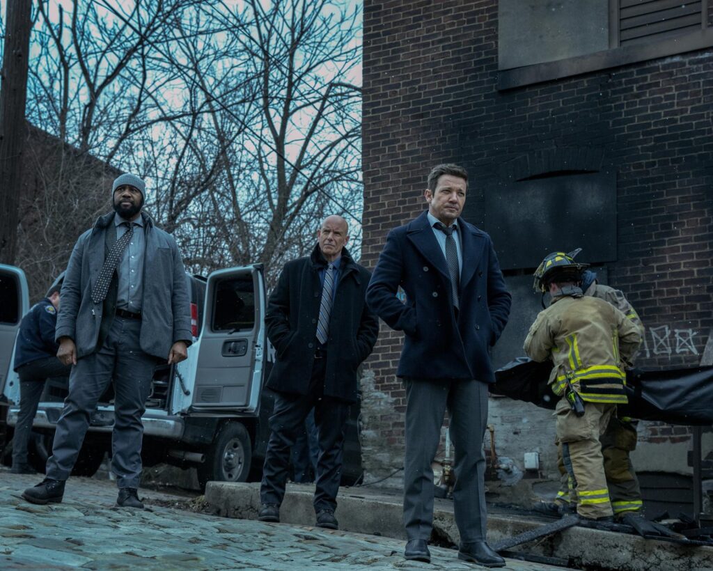 L-R: Derek Webster as Stevie, Hugh Dillon as Ian and Jeremy Renner as Mike McLusky in Mayor of Kingstown season 4, streaming on Paramount+, 2025. Credit: Dennis P. Mong Jr./Paramount+