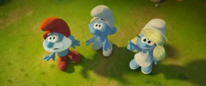Papa Smurf (John Goodman), No Name (James Corden) and Smurfette (Rihanna) in Smurfs from Paramount Animation.