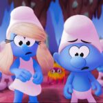 Ken (Nick Offerman), Hefty Smurf (Alex Winter), Smurfette (Rihanna), No Name (James Corden), and Brainy Smurf (Xolo Mariduena) in Smurfs from Paramount Animation.