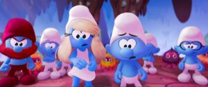 Ken (Nick Offerman), Hefty Smurf (Alex Winter), Smurfette (Rihanna), No Name (James Corden), and Brainy Smurf (Xolo Mariduena) in Smurfs from Paramount Animation.