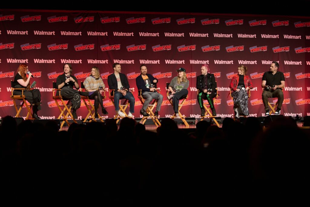 NEW YORK, NEW YORK - OCTOBER 09: Amelia Emberwing, Matthew Mercer, Laura Bailey, Liam O'Brien, Sam Riegel, Ashley Johnson, Taliesin Jaffe, Marisha Ray, and Travis Willingham,  appear onstage during the the "Critical Role" & Prime Video: A Decade of Adventure And The Animated World of Exandria New York Comic Con panel at Javits Center on October 09, 2025 in New York City. (Photo by Valerie Terranova/Getty Images for Prime Video)