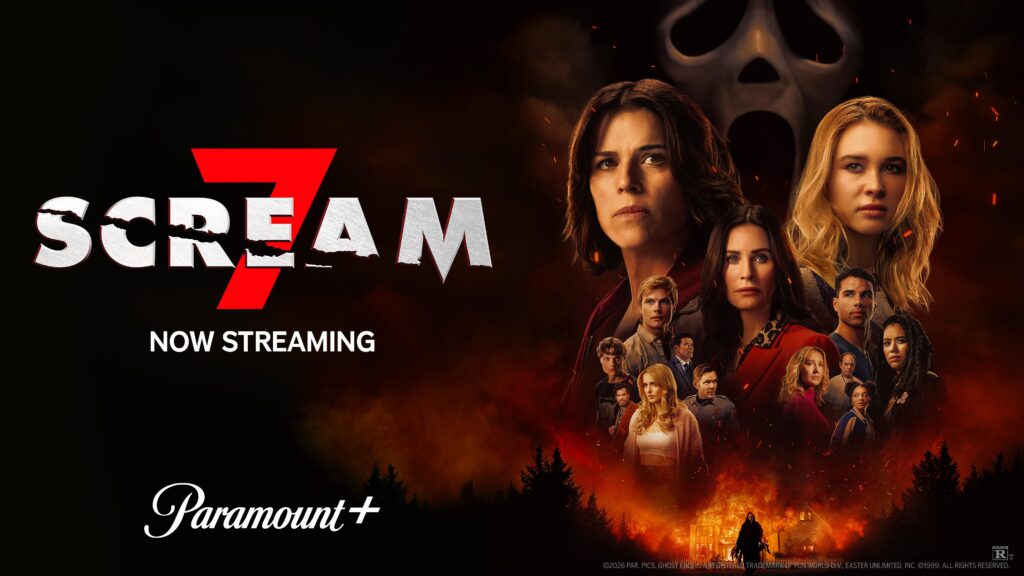 Scream 7 Key Art for Scream 7, featuring Neve Campbell as Sidney Prescott, Isabel May as Tatum Evans, Courteney Cox as Gale Weathers, Sam Rechner as Ben Brown, Mason Gooding as Chad Meeks-Martin, Asa Germann as Lucas Bowden, Mark Consuelos as Robby Rivers, Anna Camp as Jessica Bowden, Ethan Embry as Marco, Jasmin Savoy Brown as Mindy Meeks-Martin, Tim Simons as George Willis, Joel McHale as Mark Evans, Celeste O’Connor as Chloe Parker, and Mckenna Grace as Hannah Thurman streaming on Paramount+ 2026. Photo credit: Paramount+