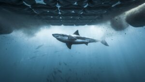 Great White Shark swimming past Chum island