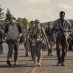 David Jonsson as McVries, Cooper Hoffman as Garraty, Jordan Gonzalez as Harkness, Ben Wang as Olson, and Tut Nyuot as Baker in The Long Walk. Photo Credit: Murray Close/Lionsgate
