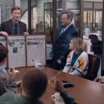 THE PAPER -- Episode 102 -- Pictured: (l-r) Domhnall Gleeson as Ned Sampson, Tim Key as Ken, Chelsea Frei as Mare, Melvin Gregg as Detrick -- (Photo by: Aaron Epstein/PEACOCK)