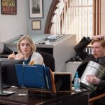 THE PAPER -- Episode 102 -- Pictured: (l-r) Chelsea Frei as Mare, Domhnall Gleeson as Ned -- (Photo by: Aaron Epstein/PEACOCK)