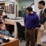 THE PAPER -- Episode 106 -- Pictured: (l-r) Domhnall Gleeson as Ned, Eric Rahill as Travis, Melvin Gregg as Detrick and Ramona Young as Nicole -- (Photo by: John P. Fleenor/PEACOCK)