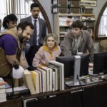THE PAPER -- Episode 107 -- Pictured: (l-r) Duane R. Shepard as Barry, Gbemisola Ikumelo as Adelola, Eric Rahill as Travis, Melvin Gregg as Detrick, Chelsea Frei as Mare, Alex Edelman as Adam, Ramona Young as Nicole (Photo by: John P. Fleenor/PEACOCK)