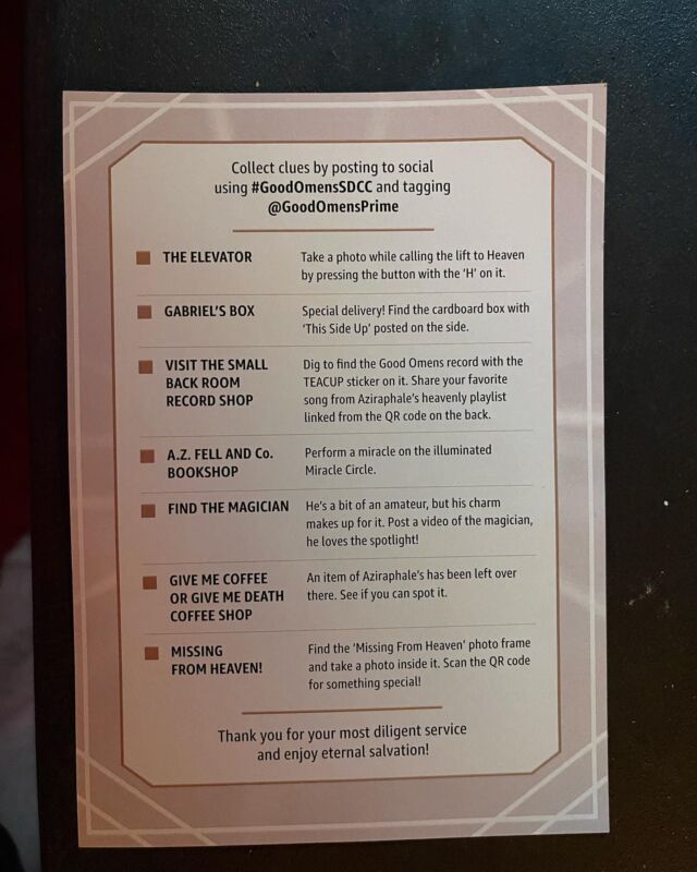 The Good Omens 2 party had a scavenger hunt—glad I picked Heaven because one of the tasks for Hell had a huge line! #GoodOmensSDCC @goodomensprime #SDCC #SDCC2023